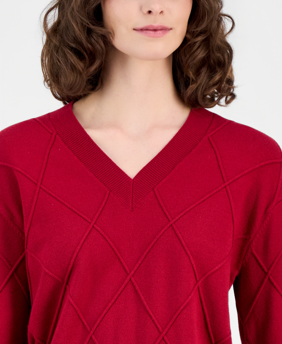 Anne Klein Women's Diamond Knit V-neck Sweater In Red