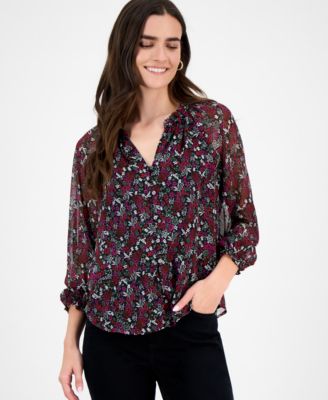 Style & Co - Women's Floral Ruffled Split-Neck Top