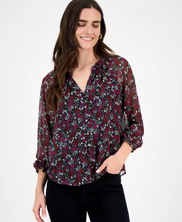 Women's Floral Ruffled Split-Neck Top - thumbnail 3
