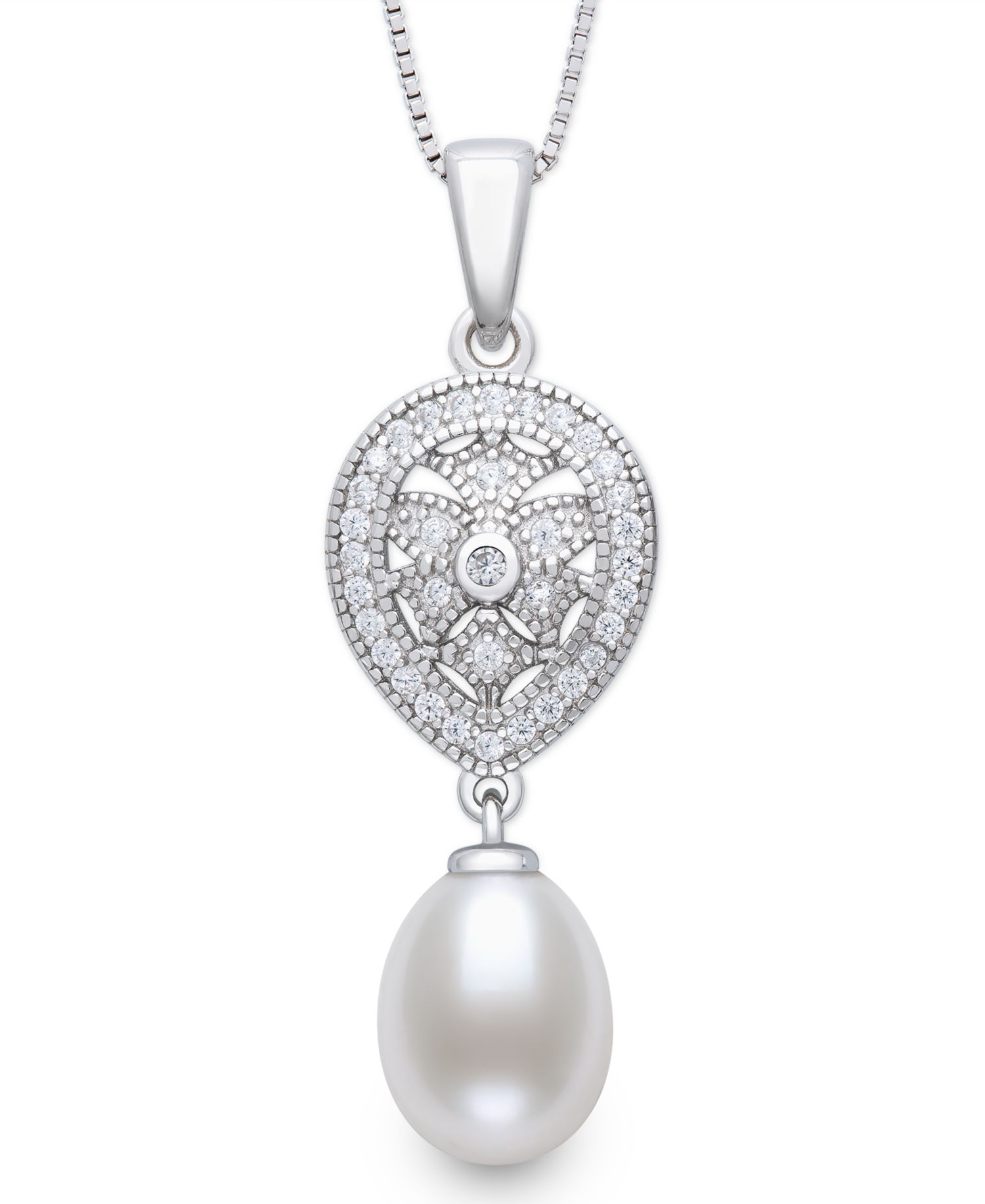 Cultured Freshwater White Drop Pearl (8-9mm) and Lab Created Sapphire Necklace in Sterling Silver