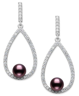 Cultured Freshwater Peacock Black Pearl (6-7mm) and Lab Created Sapphire Drop Earrings in Sterling Silver