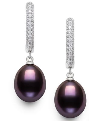 Cultured Freshwater Peacock Black Pearl (10-11mm) and Lab Created Sapphire Drop Earrings in Sterling Silver