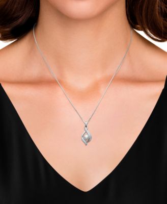 Freshwater Button Pearl (6-7mm) and Lab Created Sapphire Necklace in Sterling Silver