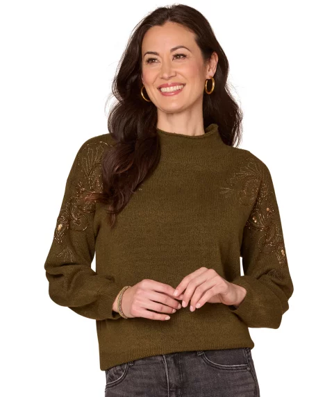 Petite Embellished Mock-Neck Sweater - Nori Olive Green