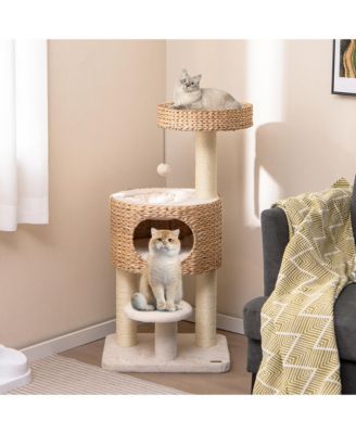 Modern Cat Tree w/Top Perch Cattail Fluff Condo Cozy Nest Sisal Scratching Posts