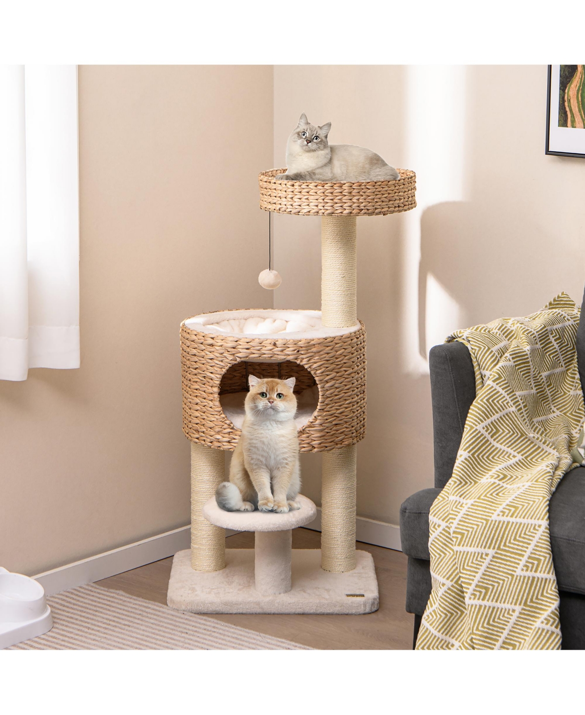 Gymax Modern Cat Tree w/Top Perch Cattail Fluff Condo Cozy Nest Sisal Scratching Posts