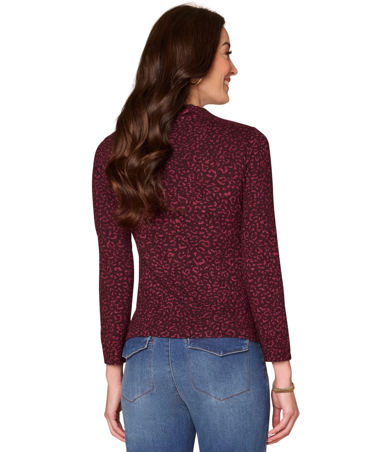 Democracy Petite Leopard-print Mock Neck Top In Burgundy