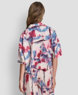 Women's Printed Short Sleeves Convertible Collar Top