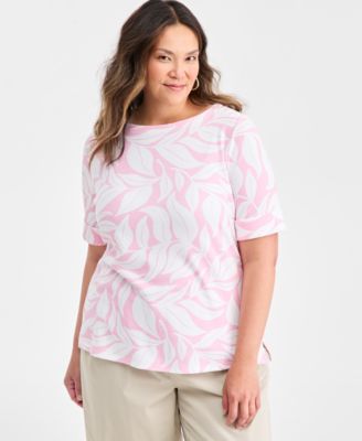 Plus Size Boat-Neck Cuffed-Sleeve Top