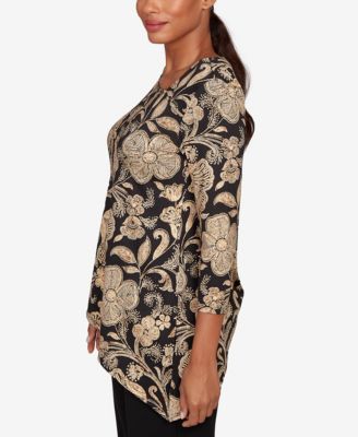 Petite Gold Foil Floral Printed Knit Top