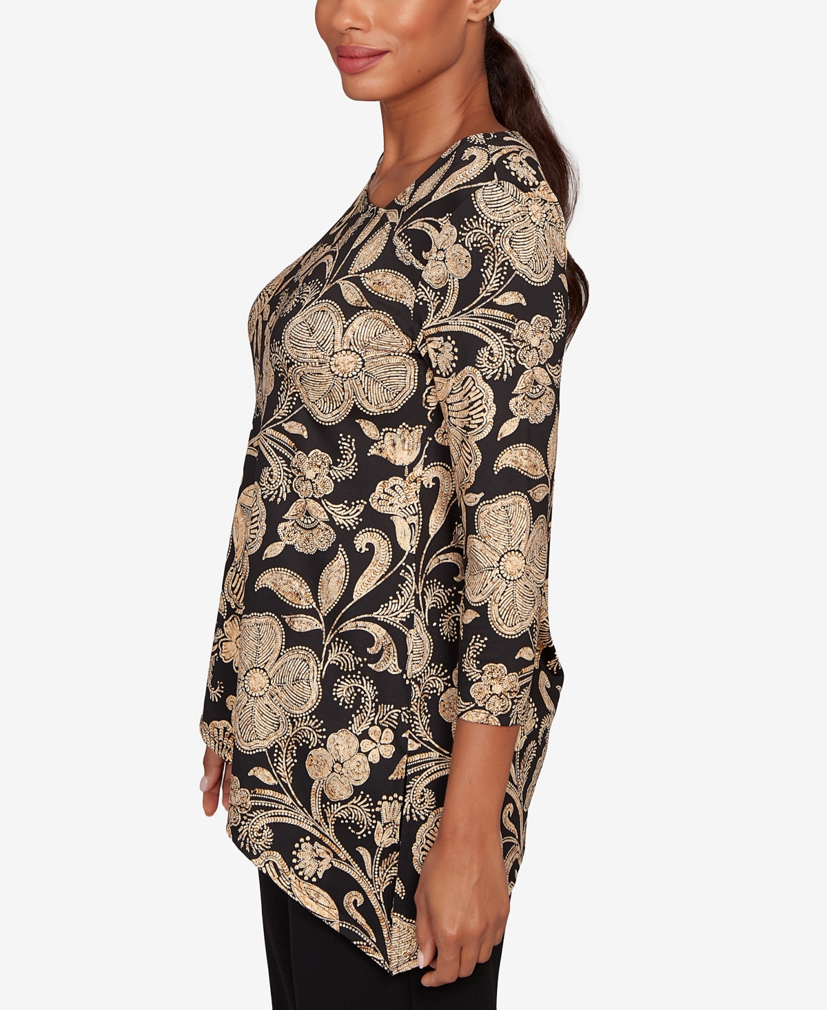 Ruby Rd. Petite Gold Foil Floral Printed Knit Top In Multi