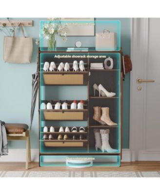 3 Tier Shoe Cabinet with Natural Rattan Flip Drawers for Entryway, Free Standing Shoe Storage Organizer with Adjustable Shelves,Dark Cherry