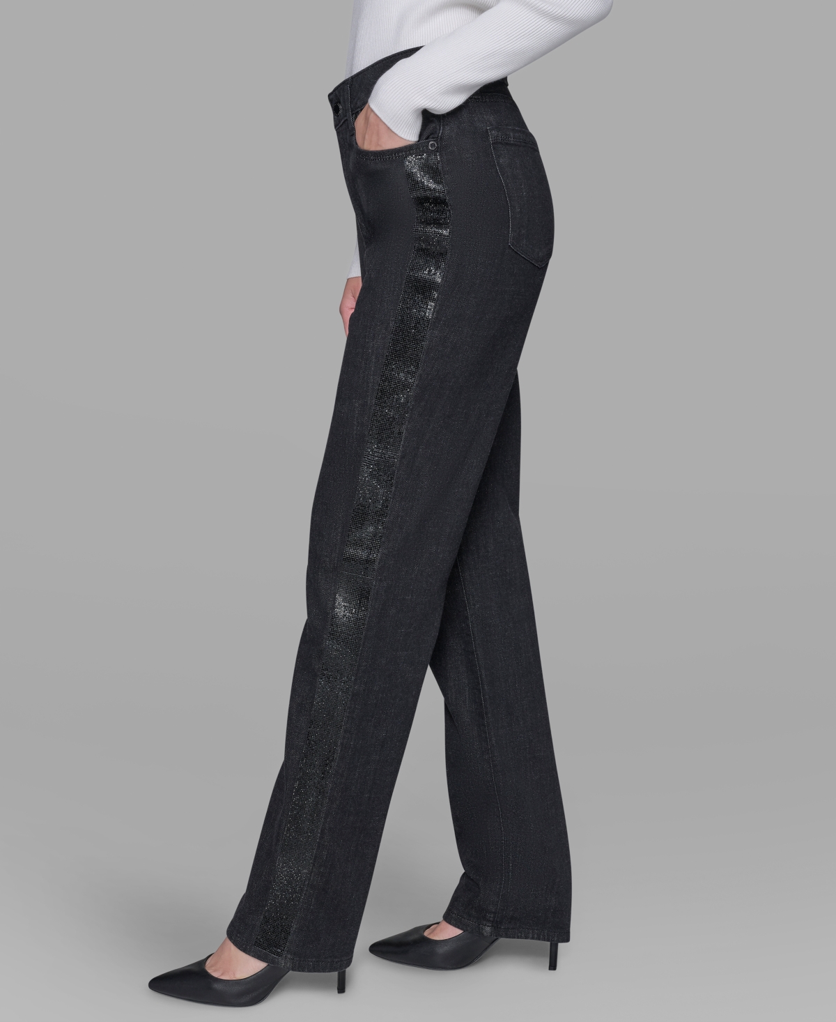 Karl Lagerfeld Petite Rhinestone Denim Jeans In Black