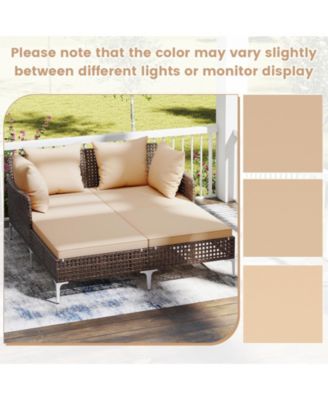 Outdoor Rattan Double Daybed Wicker Chaise Lounge for 2 w/ Seat & Back Cushions