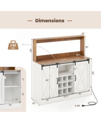 Farmhouse Coffee Bar Cabinet with Charging Station and Sliding Barn Doors