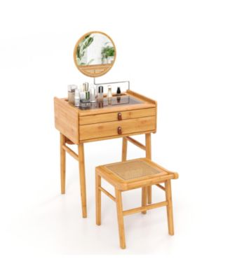 Bamboo 2-Drawer Mirror Makeup Vanity Table