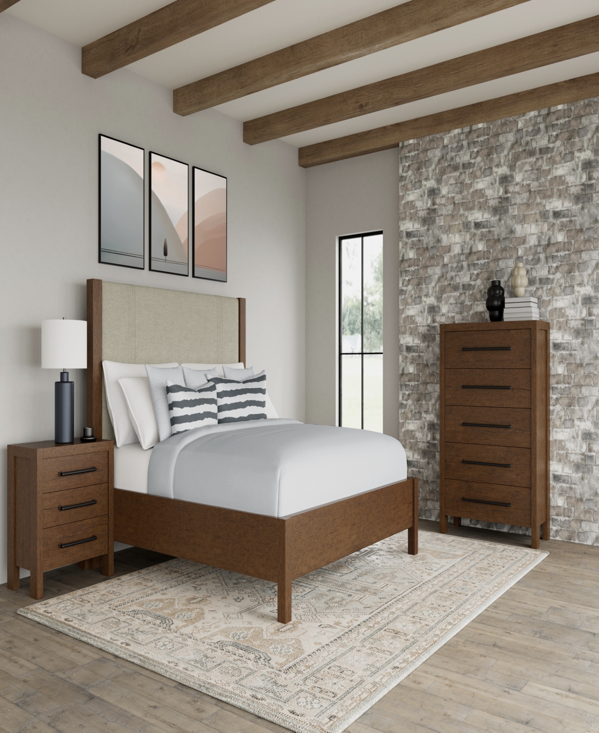 Macy's Furniture Davie Cracked Oak Wood 3-pc. Queen Upholstered Set