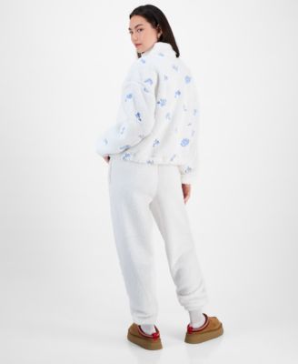 Madden Girl Juniors Embroidered Zip Up Sherpa Jacket Sherpa Joggers In Blue