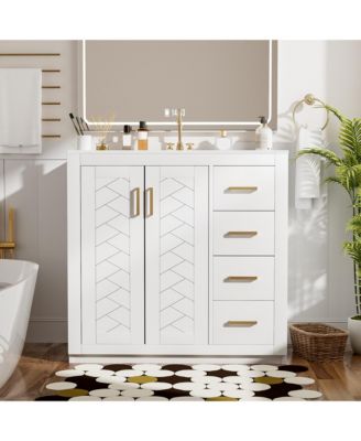 36inch Bathroom Vanity with Ceramic Sink Combo Solid Wood Frame Bathroom Storage Cabinet Freestanding Vanity Set with 3 Drawers Soft Closing Doors
