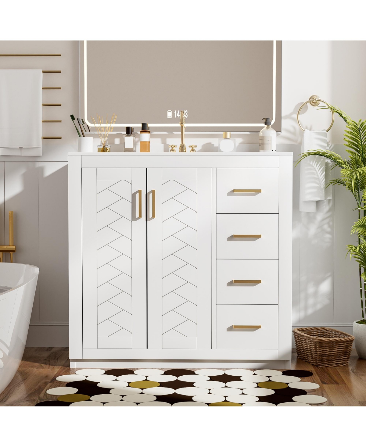 Lovmor 36inch Bathroom Vanity with Ceramic Sink Combo Solid Wood Frame Bathroom Storage Cabinet Freestanding Vanity Set with 3 Drawers Soft Closing Do