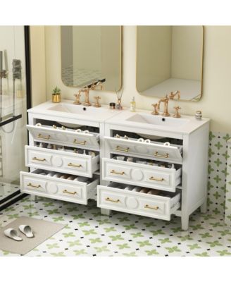 60inch Bathroom Vanity Set with Ceramic Sink Separate Free Standing Single Vanity Set with 3 Drawers Solid Wood Frame Bathroom Storage Cabinet White