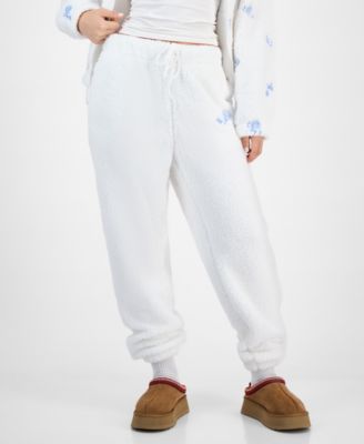 Juniors' Floral Embroidered Sherpa Fleece Jogger Pants