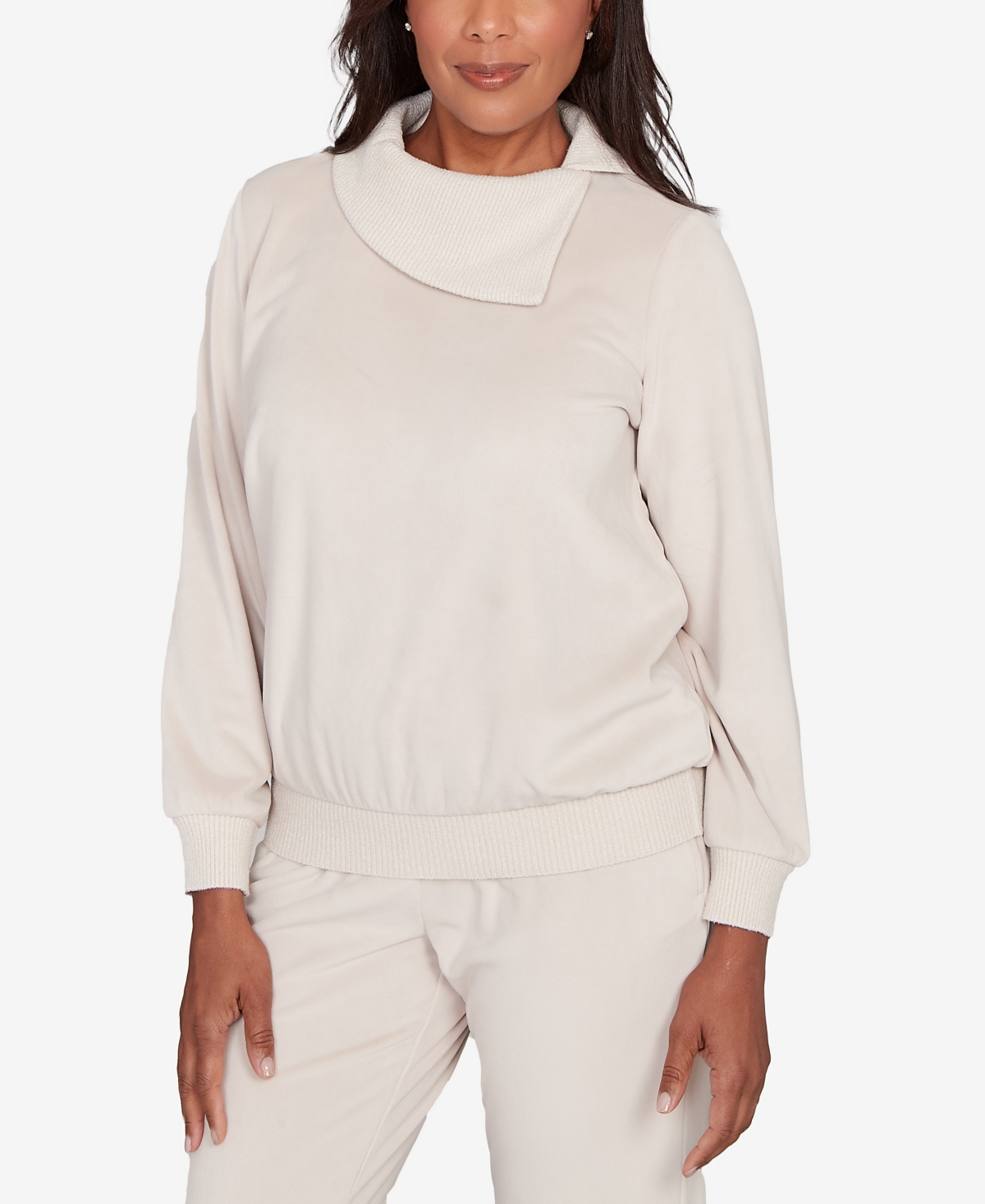 Alfred Dunner Petite Calm Luxe Solid Shimmer Detail Envelope Neck Top