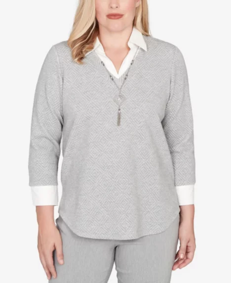 Petite Stockbridge Diamond Jacquard Two In One Top with Necklace - Pewter