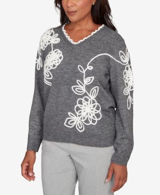 Petite Stockbridge Ruffle V-Neck Floral Soutache Sweater