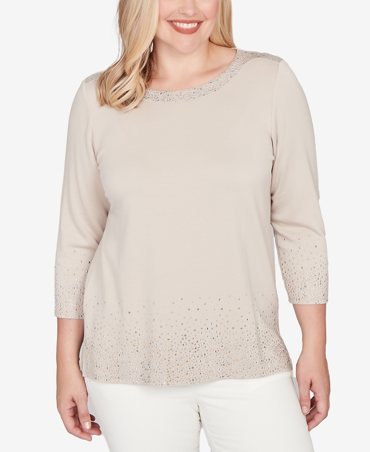 Alfred Dunner Petite Vienna Heat Set Sparkle Ombre Border Knit Top In Neutral