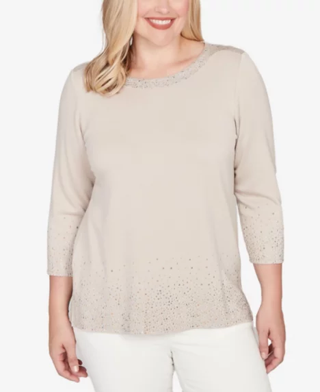 Petite Vienna Heat Set Sparkle Ombre Border Knit Top - Latte
