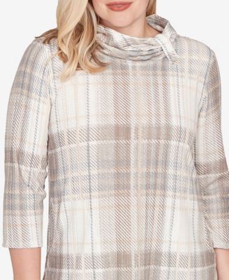 Petite Vienna Draped Cowl Neckline Plaid Knit Top