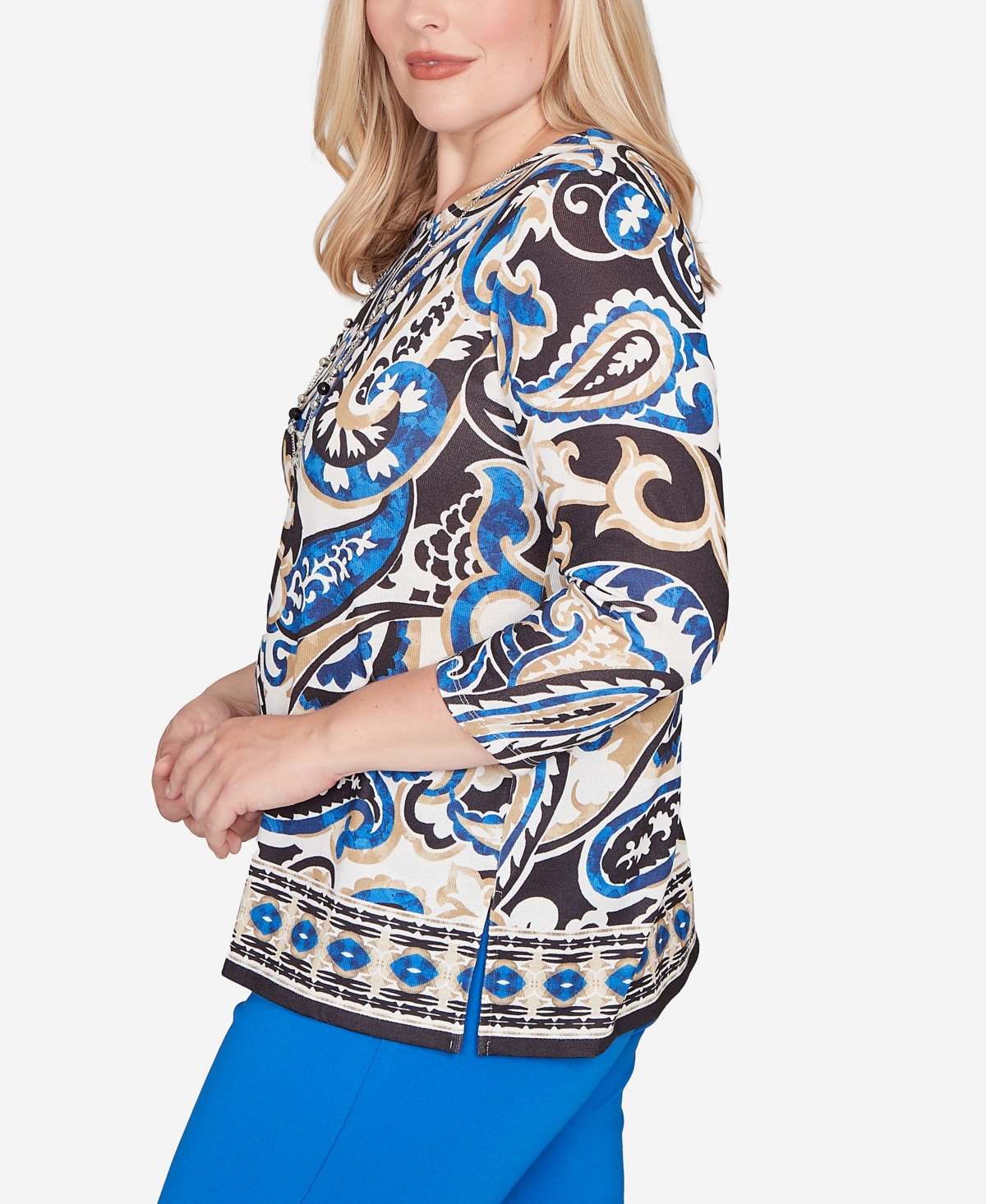 Alfred Dunner Petite Barcelona Paisley Knit Top With Necklace In Multi