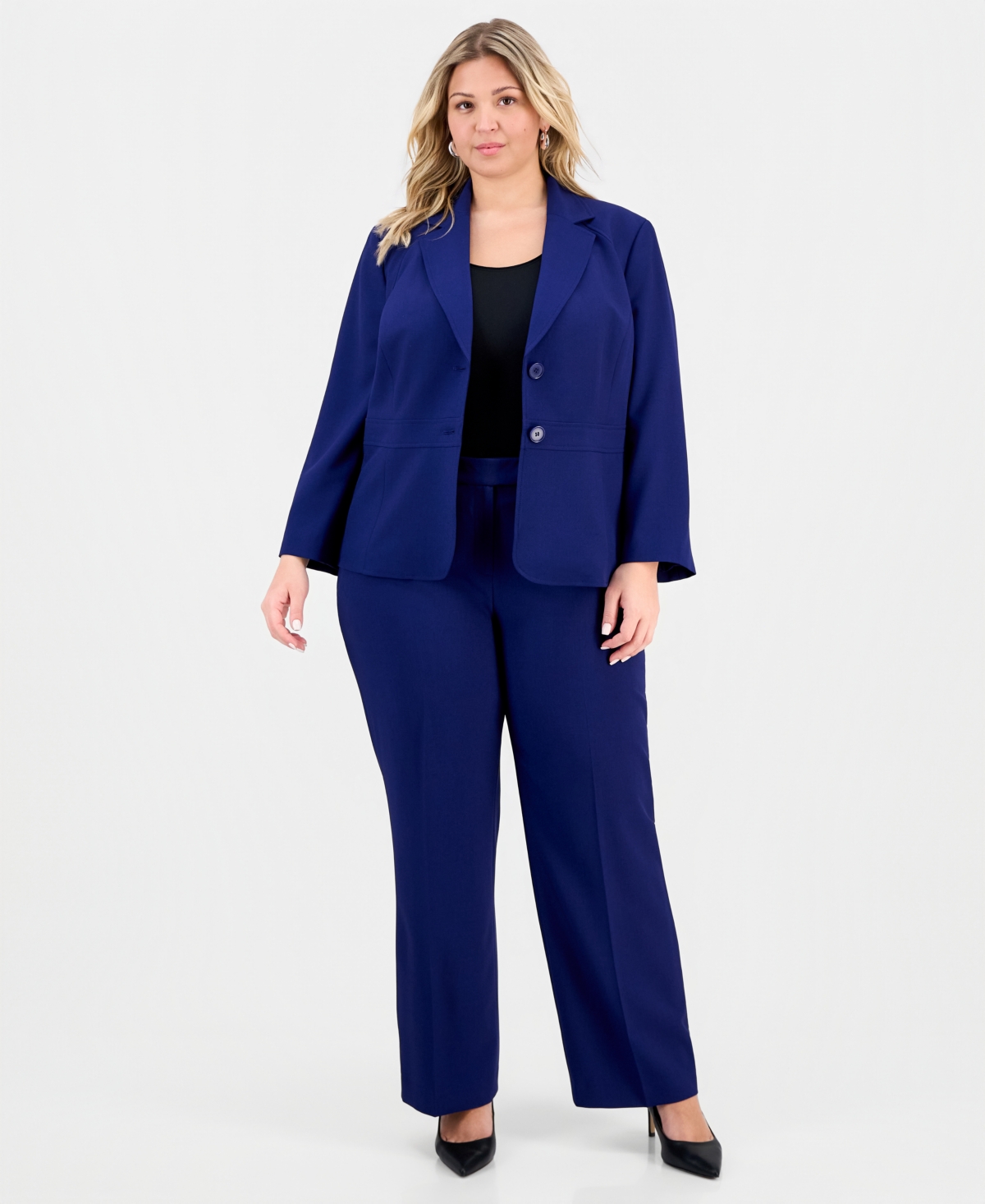 Le Suit Plus Size Notch-lapel Mid-rise Pantsuit In Blue