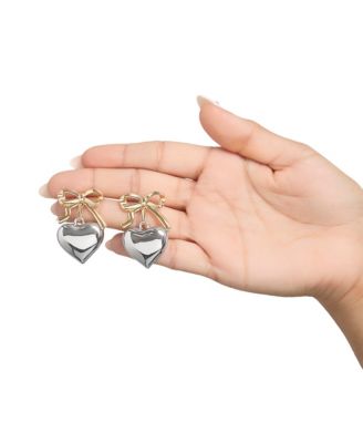 Silver Heart Drop Earrings with Gold Bow Accent