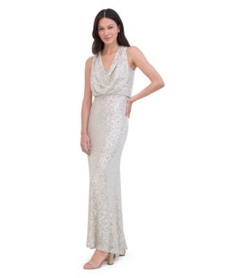Petite Sleeveless Cowl Neck Sequin Long Gown