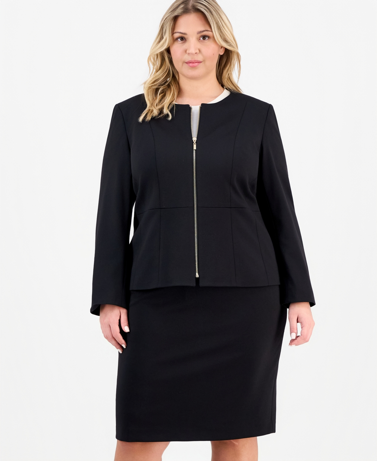 Le Suit Plus Size Zip-front Jacket & Slim-fit Skirt In Black