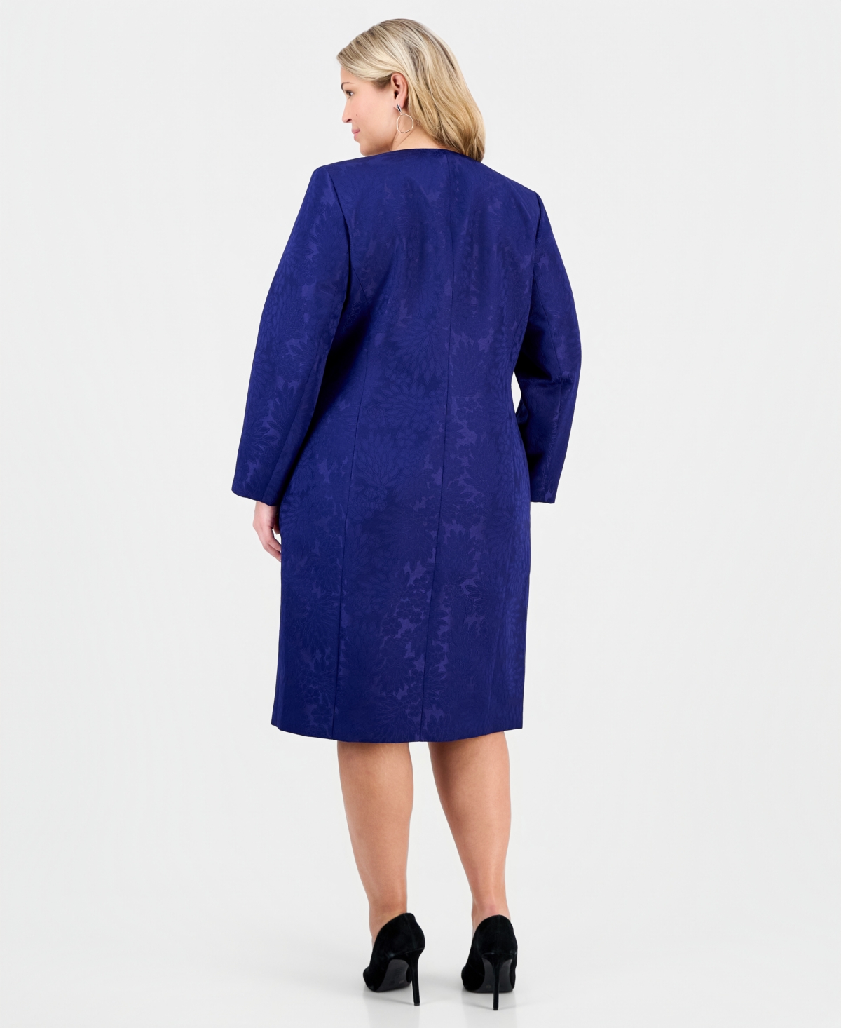 Le Suit Plus Size Floral-jacquard Topper & Sheath Dress Set In Blue