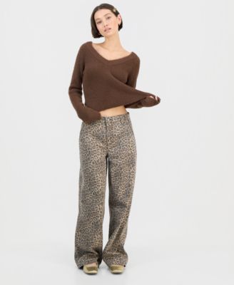 Juniors' Leopard-Print Wide-Leg Jeans 