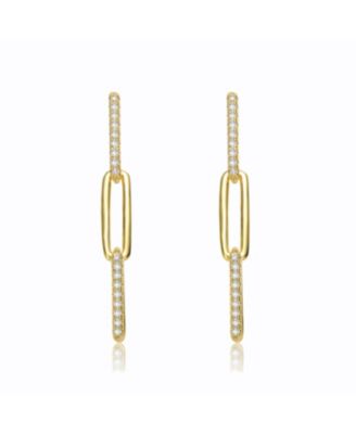 Classic 14k Yellow Gold Plated with Cubic Zirconia Triple Oblong Oval Cable Chain Drop Earrings