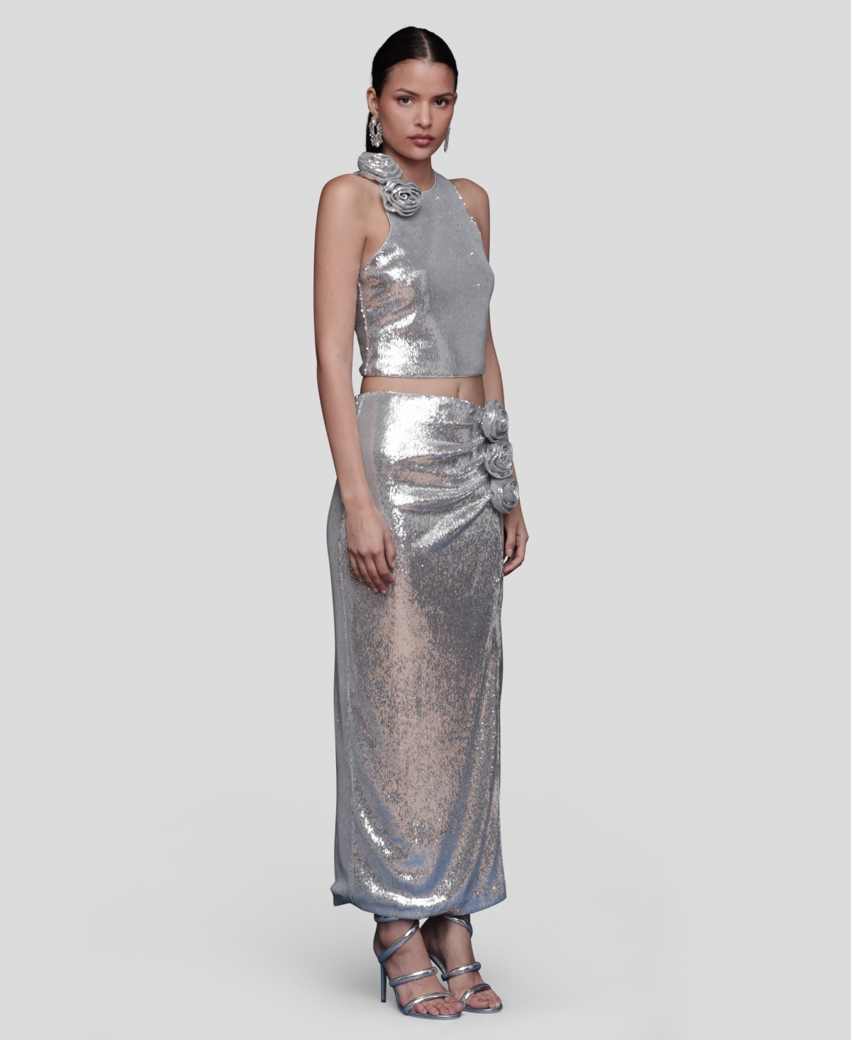 Avec Les Filles Sequin Crop Top In Silver