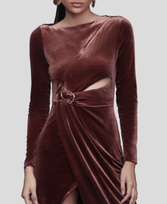 Women's Velvet Asymmetric Drape Long Sleeve Ball Gown