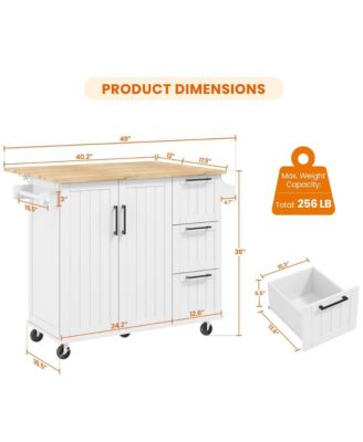 49×29.5×36 inches Kitchen Cart with Wood Top and Drop Leaf Breakfast Bar White