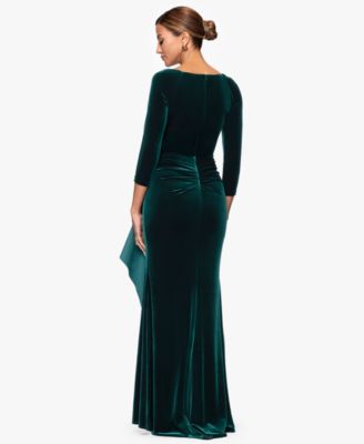 Women's Velvet V-Neck Ruffle-Front Long-Sleeve Gown 