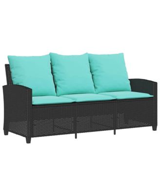 Patio Sofa 3-Seater with Cushions&Table Black Poly Rattan