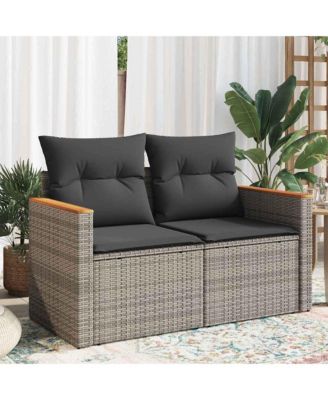 Garden Sofa Grey PE Rattan, Powder-Coated Steel, Solid Acacia Wood