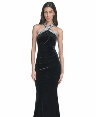 Women's Velvet Embellished Halter Neck Gown