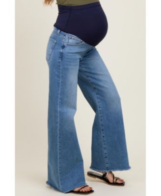 Maternity Blue Raw Hem Super Wide Leg Jeans