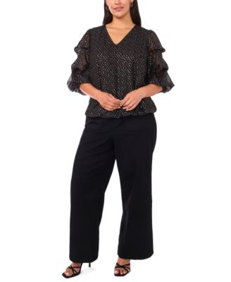 Plus Size V-Neck Balloon Sleeve Printed Top