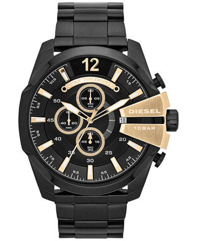 Diesel Men's Chronograph Mega Chief Black Ion-Plated Stainless Steel Bracelet Watch 51x59mm DZ4338